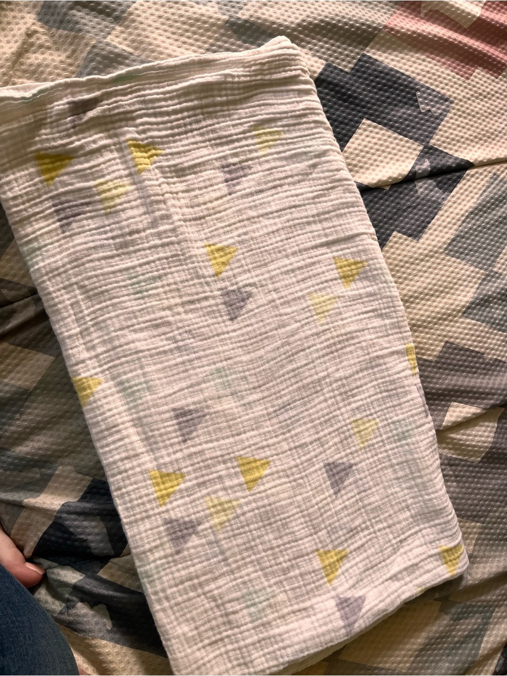 cloud island White Muslin Baby Swaddle with Yellow and Gray Triangle Print